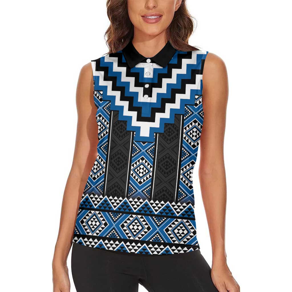 Blue Taniko Aotearoa Women Sleeveless Polo Shirt Niho Taniwha Mix Poutama LT14