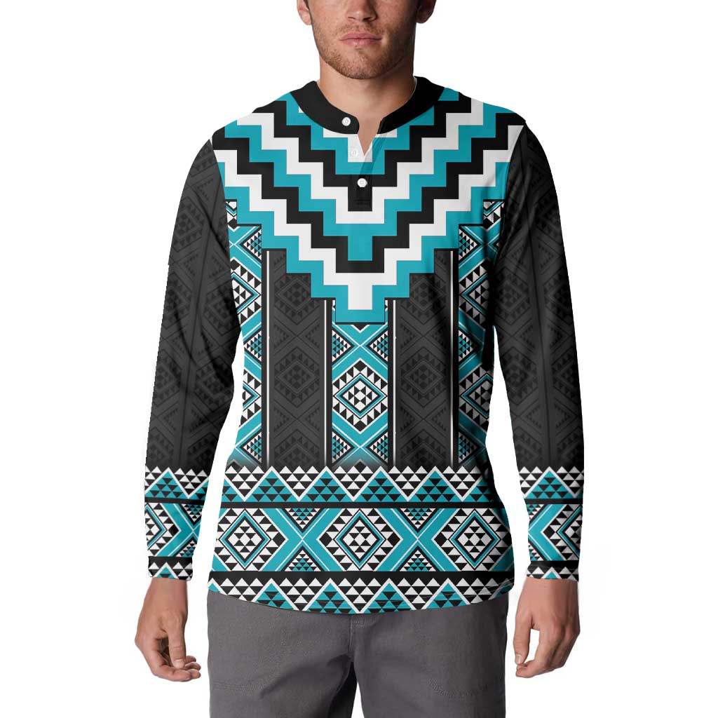 Turquoise Taniko Pattern Aotearoa Button Sweatshirt Niho Taniwha Mix Poutama LT14 - Polynesian Pride