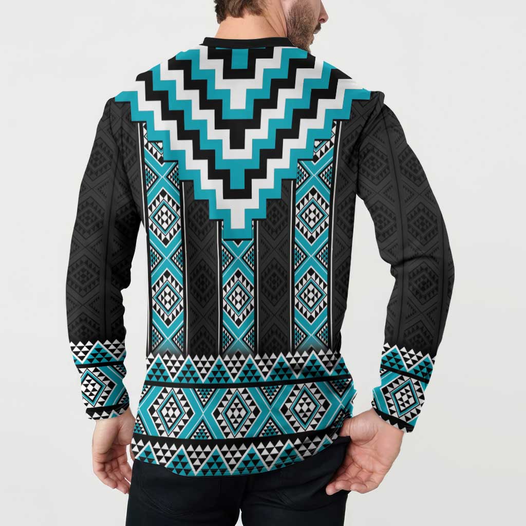 Turquoise Taniko Pattern Aotearoa Button Sweatshirt Niho Taniwha Mix Poutama LT14 - Polynesian Pride