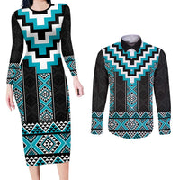Turquoise Taniko Pattern Aotearoa Couples Matching Long Sleeve Bodycon Dress and Long Sleeve Button Shirt Niho Taniwha Mix Poutama LT14