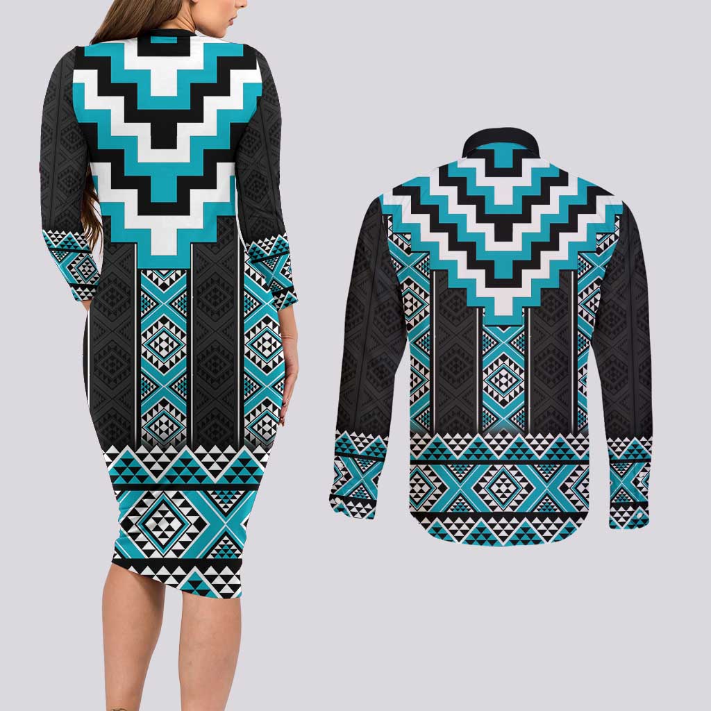 Turquoise Taniko Pattern Aotearoa Couples Matching Long Sleeve Bodycon Dress and Long Sleeve Button Shirt Niho Taniwha Mix Poutama LT14