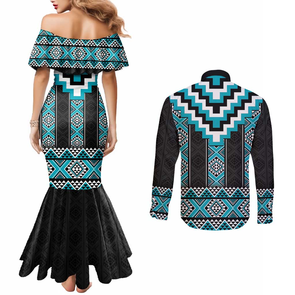Turquoise Taniko Pattern Aotearoa Couples Matching Mermaid Dress and Long Sleeve Button Shirt Niho Taniwha Mix Poutama LT14