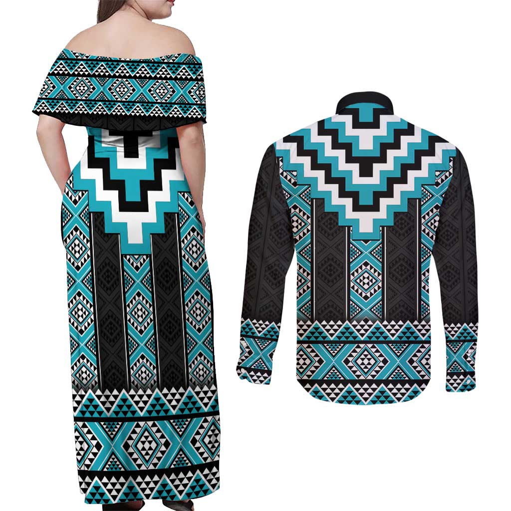 Turquoise Taniko Pattern Aotearoa Couples Matching Off Shoulder Maxi Dress and Long Sleeve Button Shirt Niho Taniwha Mix Poutama LT14