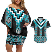 Turquoise Taniko Pattern Aotearoa Couples Matching Off Shoulder Short Dress and Hawaiian Shirt Niho Taniwha Mix Poutama LT14