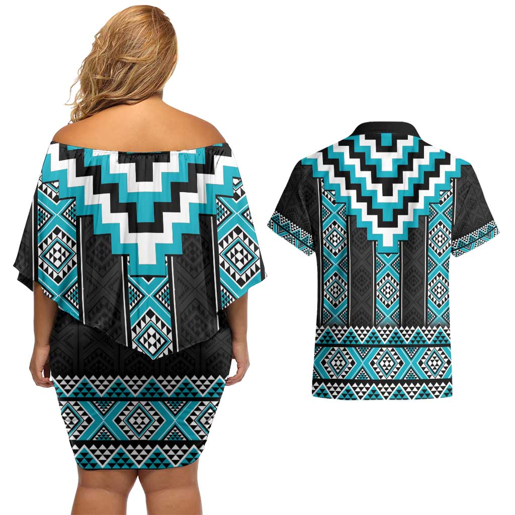 Turquoise Taniko Pattern Aotearoa Couples Matching Off Shoulder Short Dress and Hawaiian Shirt Niho Taniwha Mix Poutama LT14