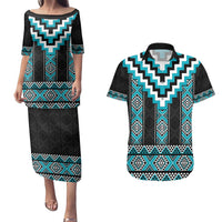 Turquoise Taniko Pattern Aotearoa Couples Matching Puletasi and Hawaiian Shirt Niho Taniwha Mix Poutama LT14