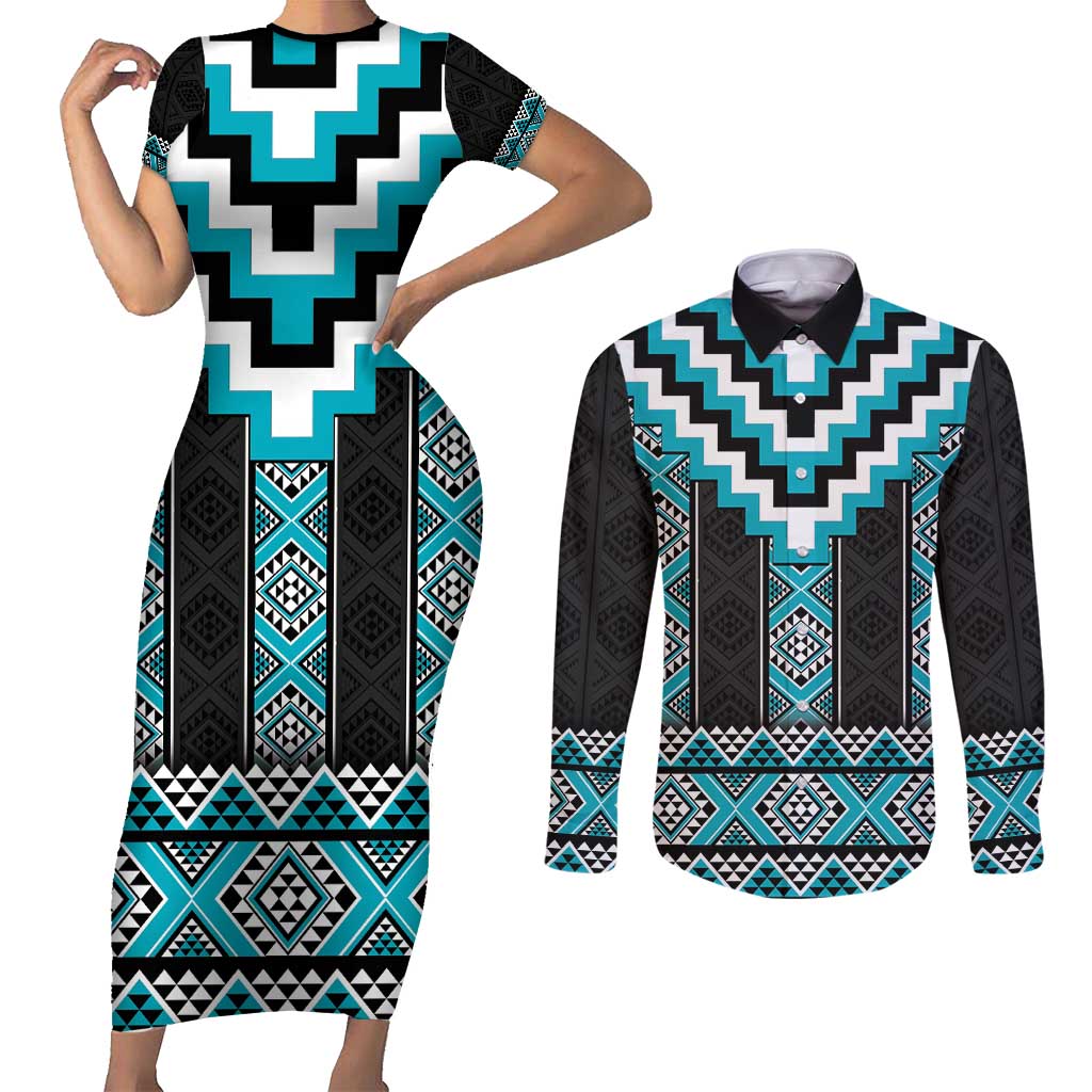 Turquoise Taniko Pattern Aotearoa Couples Matching Short Sleeve Bodycon Dress and Long Sleeve Button Shirt Niho Taniwha Mix Poutama LT14