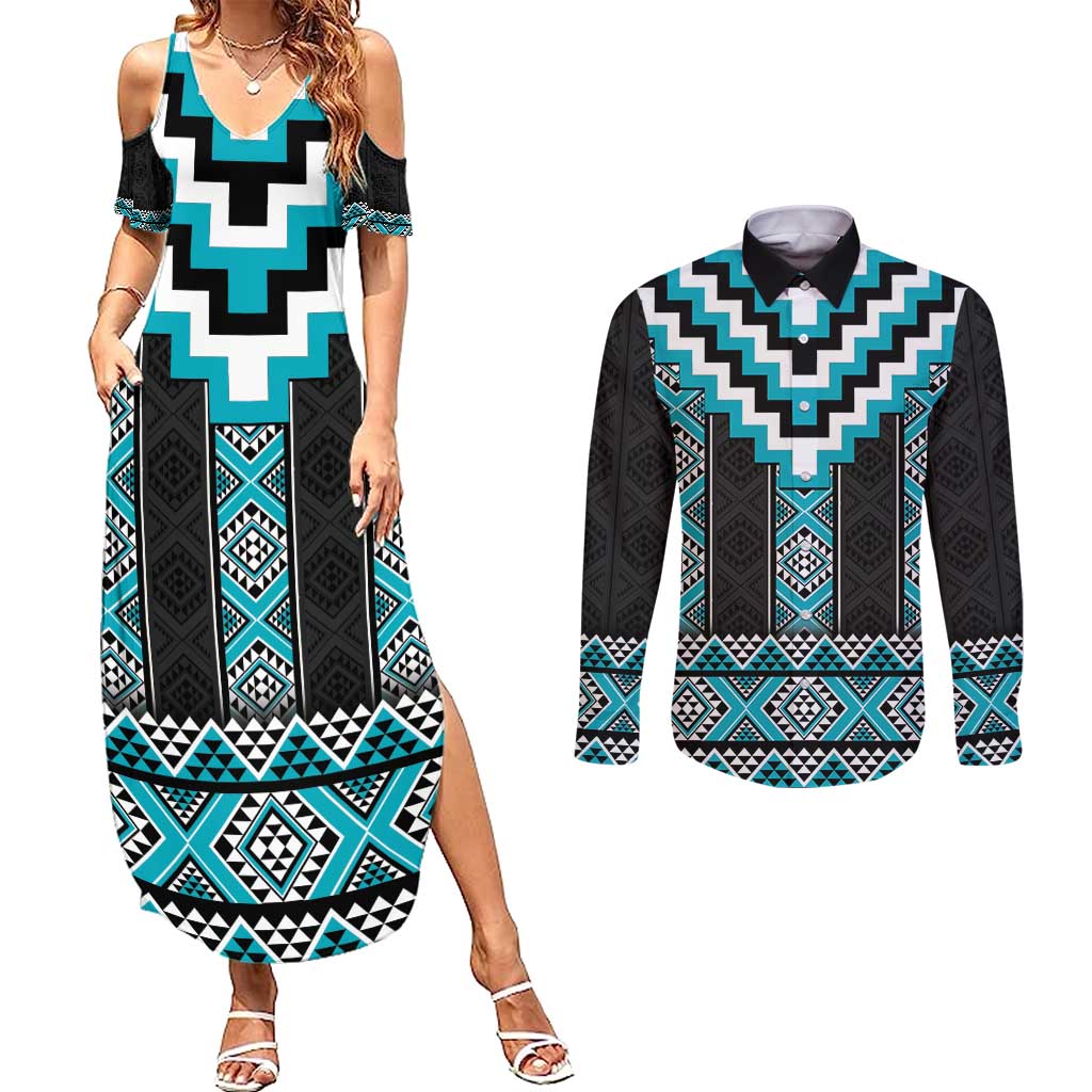 Turquoise Taniko Pattern Aotearoa Couples Matching Summer Maxi Dress and Long Sleeve Button Shirt Niho Taniwha Mix Poutama LT14