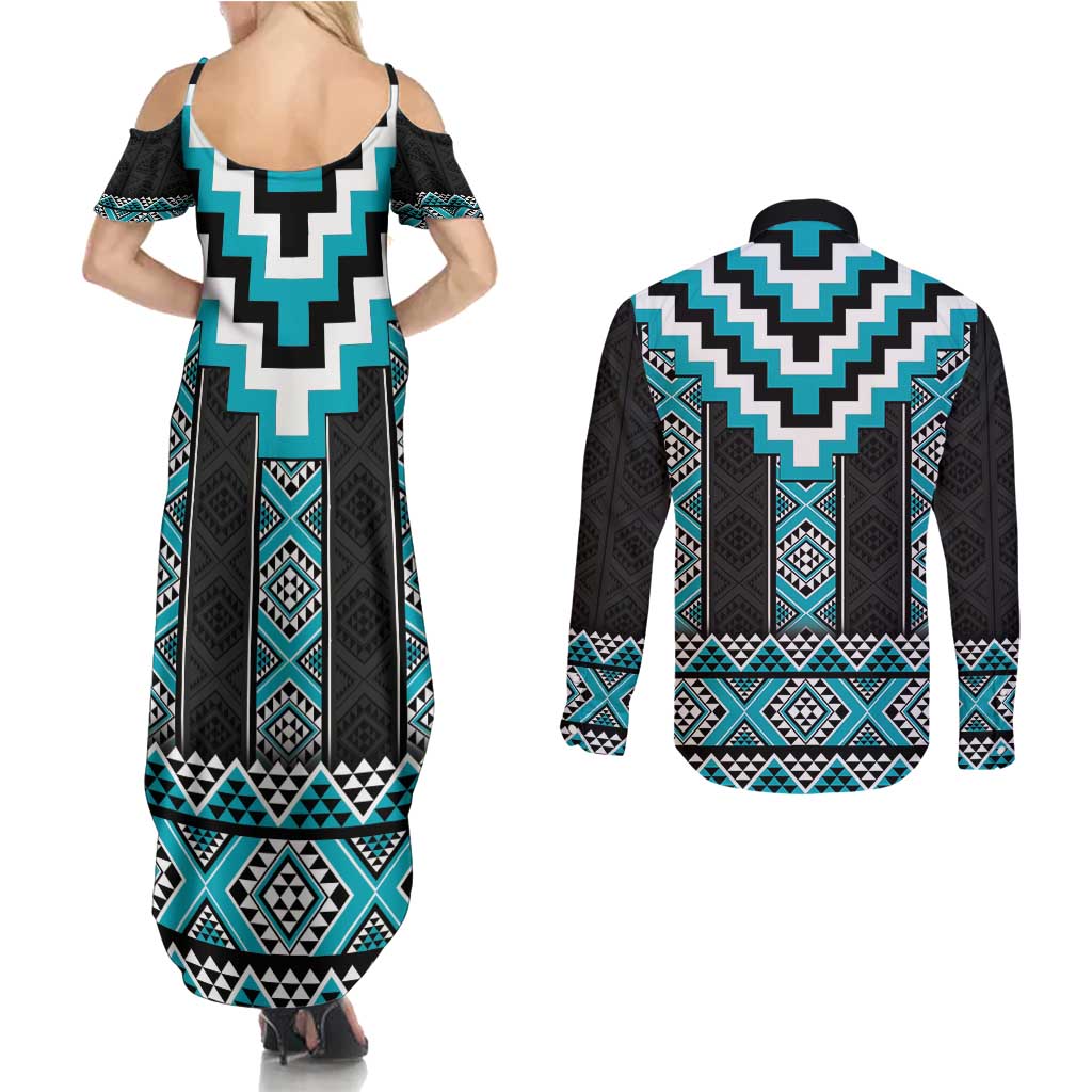 Turquoise Taniko Pattern Aotearoa Couples Matching Summer Maxi Dress and Long Sleeve Button Shirt Niho Taniwha Mix Poutama LT14