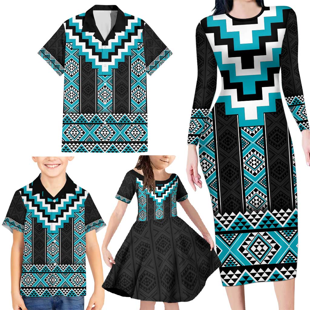 Turquoise Taniko Pattern Aotearoa Family Matching Long Sleeve Bodycon Dress and Hawaiian Shirt Niho Taniwha Mix Poutama LT14 - Polynesian Pride