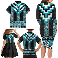 Turquoise Taniko Pattern Aotearoa Family Matching Long Sleeve Bodycon Dress and Hawaiian Shirt Niho Taniwha Mix Poutama LT14 - Polynesian Pride