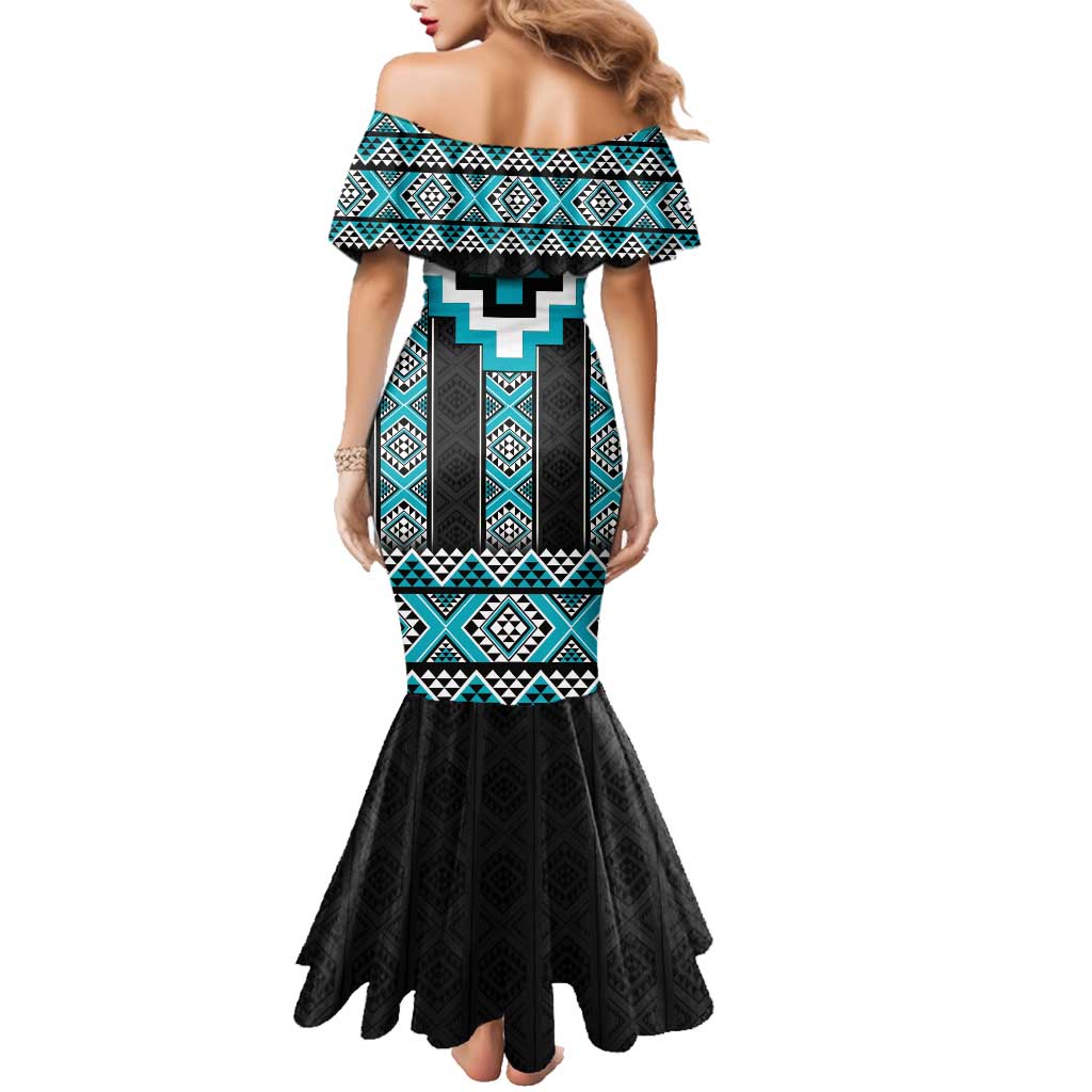 Turquoise Taniko Pattern Aotearoa Family Matching Mermaid Dress and Hawaiian Shirt Niho Taniwha Mix Poutama LT14 - Polynesian Pride