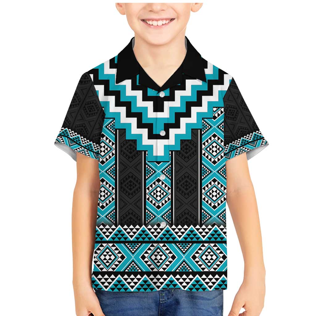 Turquoise Taniko Pattern Aotearoa Family Matching Mermaid Dress and Hawaiian Shirt Niho Taniwha Mix Poutama LT14 Son's Shirt Turquoise - Polynesian Pride
