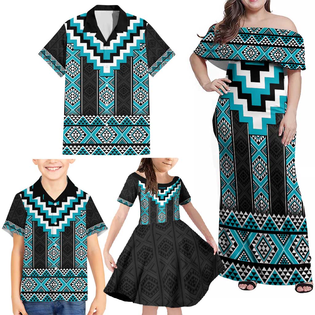 Turquoise Taniko Pattern Aotearoa Family Matching Off Shoulder Maxi Dress and Hawaiian Shirt Niho Taniwha Mix Poutama LT14 - Polynesian Pride