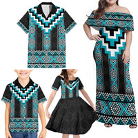 Turquoise Taniko Pattern Aotearoa Family Matching Off Shoulder Maxi Dress and Hawaiian Shirt Niho Taniwha Mix Poutama LT14 - Polynesian Pride