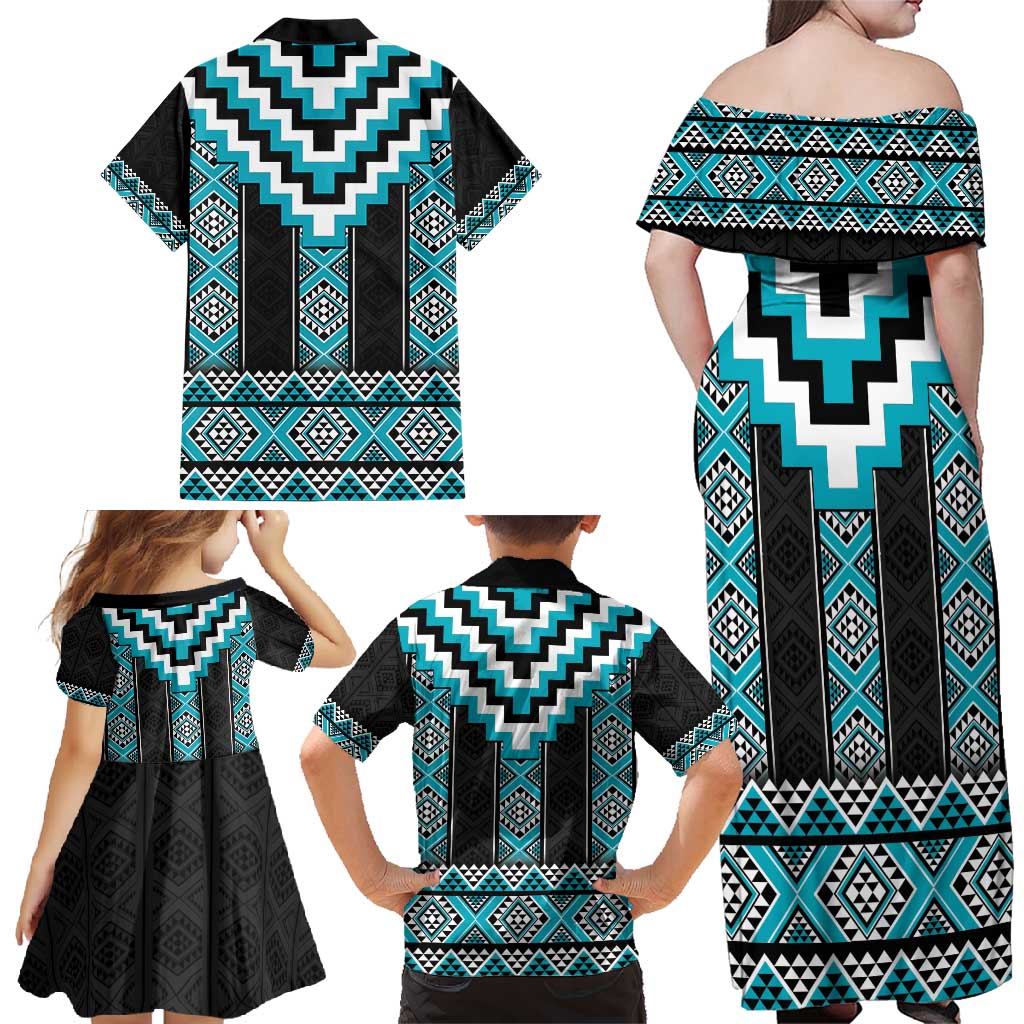 Turquoise Taniko Pattern Aotearoa Family Matching Off Shoulder Maxi Dress and Hawaiian Shirt Niho Taniwha Mix Poutama LT14 - Polynesian Pride