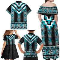 Turquoise Taniko Pattern Aotearoa Family Matching Off Shoulder Maxi Dress and Hawaiian Shirt Niho Taniwha Mix Poutama LT14 - Polynesian Pride
