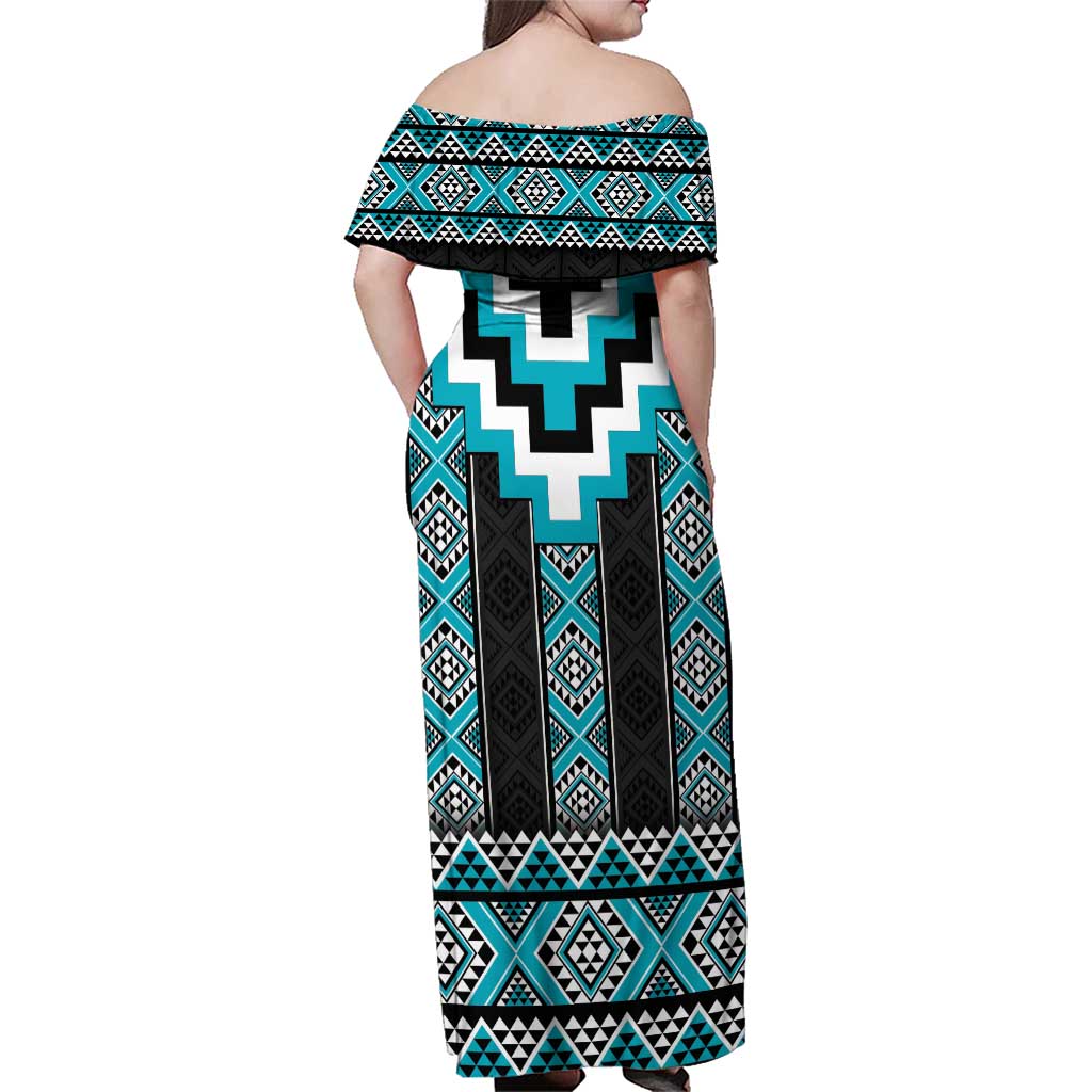 Turquoise Taniko Pattern Aotearoa Family Matching Off Shoulder Maxi Dress and Hawaiian Shirt Niho Taniwha Mix Poutama LT14 - Polynesian Pride