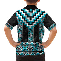 Turquoise Taniko Pattern Aotearoa Family Matching Off Shoulder Short Dress and Hawaiian Shirt Niho Taniwha Mix Poutama LT14 - Polynesian Pride