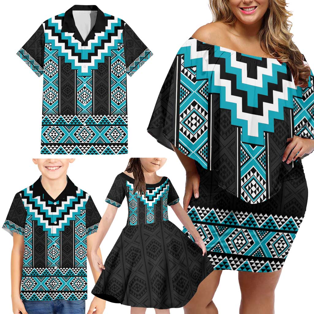 Turquoise Taniko Pattern Aotearoa Family Matching Off Shoulder Short Dress and Hawaiian Shirt Niho Taniwha Mix Poutama LT14 - Polynesian Pride