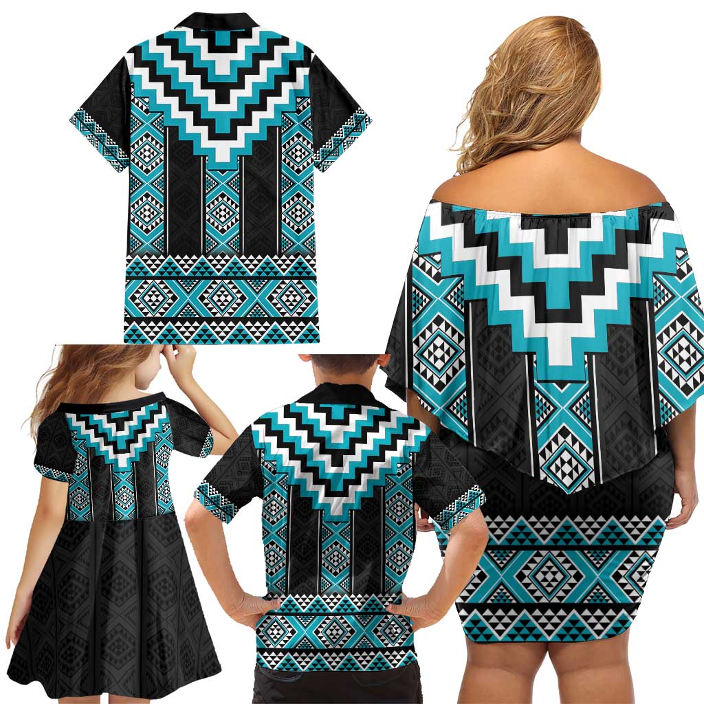 Turquoise Taniko Pattern Aotearoa Family Matching Off Shoulder Short Dress and Hawaiian Shirt Niho Taniwha Mix Poutama LT14 - Polynesian Pride