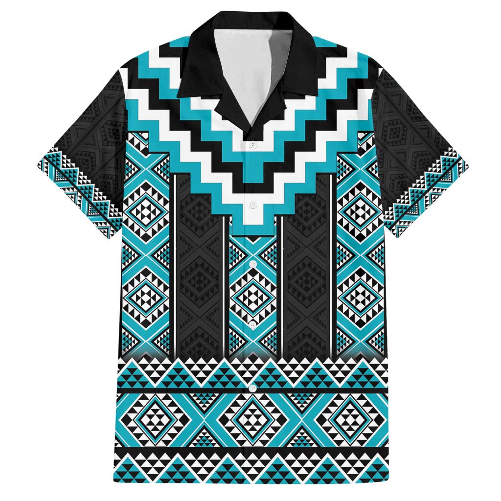 Turquoise Taniko Pattern Aotearoa Family Matching Off Shoulder Short Dress and Hawaiian Shirt Niho Taniwha Mix Poutama LT14 Dad's Shirt - Short Sleeve Turquoise - Polynesian Pride