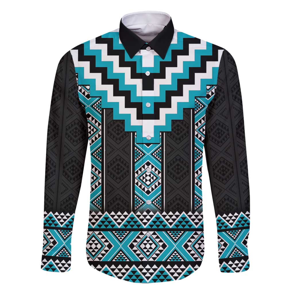 Turquoise Taniko Pattern Aotearoa Family Matching Off Shoulder Short Dress and Hawaiian Shirt Niho Taniwha Mix Poutama LT14 Dad's Shirt - Long Sleeve Turquoise - Polynesian Pride
