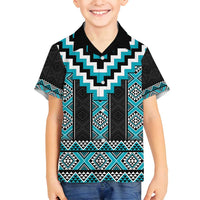 Turquoise Taniko Pattern Aotearoa Family Matching Off Shoulder Short Dress and Hawaiian Shirt Niho Taniwha Mix Poutama LT14 Son's Shirt Turquoise - Polynesian Pride