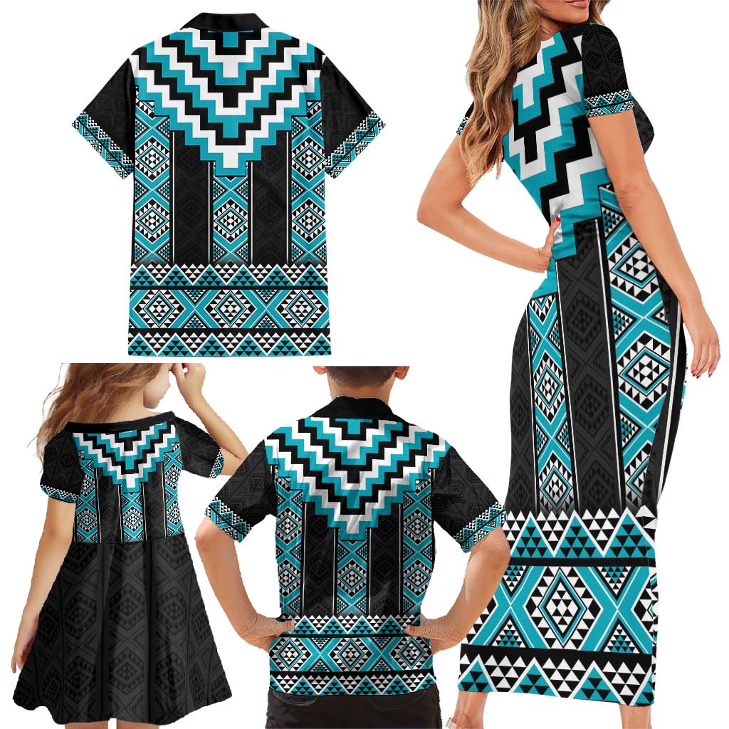 Turquoise Taniko Pattern Aotearoa Family Matching Short Sleeve Bodycon Dress and Hawaiian Shirt Niho Taniwha Mix Poutama LT14 - Polynesian Pride