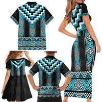 Turquoise Taniko Pattern Aotearoa Family Matching Short Sleeve Bodycon Dress and Hawaiian Shirt Niho Taniwha Mix Poutama LT14 - Polynesian Pride