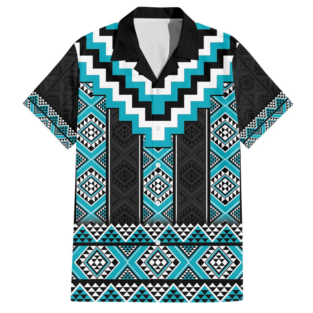 Turquoise Taniko Pattern Aotearoa Family Matching Short Sleeve Bodycon Dress and Hawaiian Shirt Niho Taniwha Mix Poutama LT14 Dad's Shirt - Short Sleeve Turquoise - Polynesian Pride