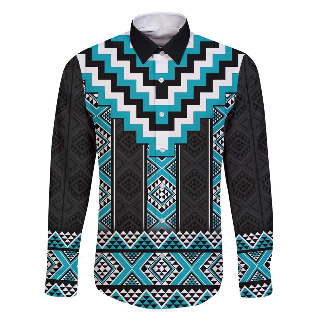 Turquoise Taniko Pattern Aotearoa Family Matching Short Sleeve Bodycon Dress and Hawaiian Shirt Niho Taniwha Mix Poutama LT14 Dad's Shirt - Long Sleeve Turquoise - Polynesian Pride