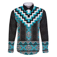 Turquoise Taniko Pattern Aotearoa Family Matching Short Sleeve Bodycon Dress and Hawaiian Shirt Niho Taniwha Mix Poutama LT14 Dad's Shirt - Long Sleeve Turquoise - Polynesian Pride