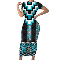 Turquoise Taniko Pattern Aotearoa Family Matching Short Sleeve Bodycon Dress and Hawaiian Shirt Niho Taniwha Mix Poutama LT14 Mom's Dress Turquoise - Polynesian Pride