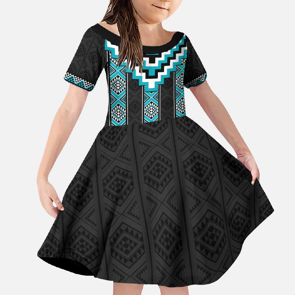 Turquoise Taniko Pattern Aotearoa Family Matching Tank Maxi Dress and Hawaiian Shirt Niho Taniwha Mix Poutama LT14 Daughter's Dress Turquoise - Polynesian Pride
