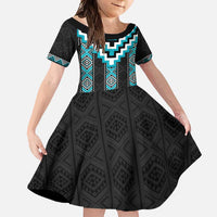 Turquoise Taniko Pattern Aotearoa Family Matching Tank Maxi Dress and Hawaiian Shirt Niho Taniwha Mix Poutama LT14 Daughter's Dress Turquoise - Polynesian Pride
