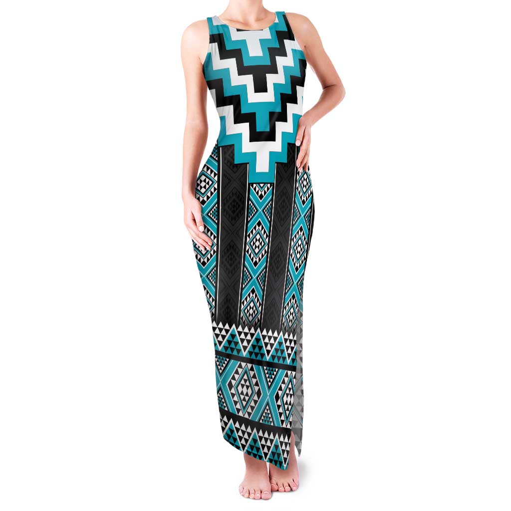 Turquoise Taniko Pattern Aotearoa Family Matching Tank Maxi Dress and Hawaiian Shirt Niho Taniwha Mix Poutama LT14 Mom's Dress Turquoise - Polynesian Pride