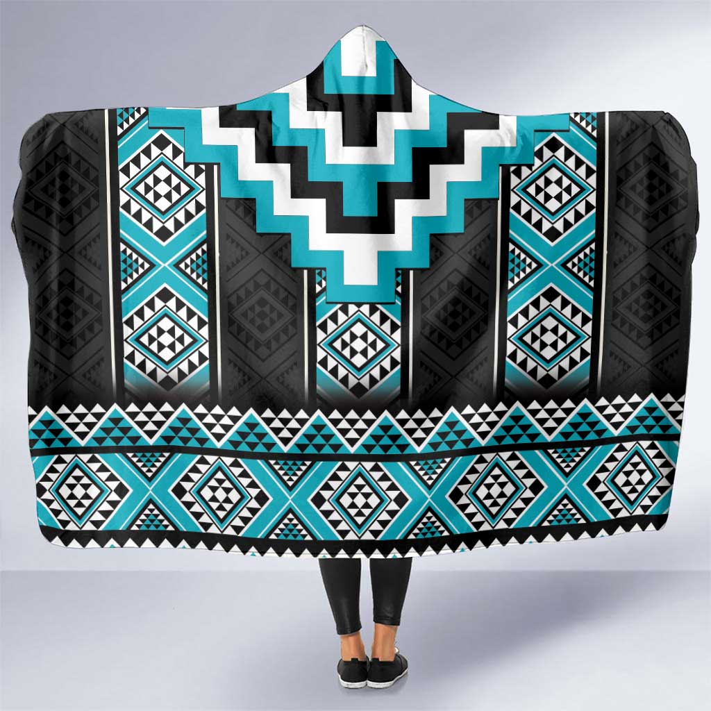Turquoise Taniko Pattern Aotearoa Hooded Blanket Niho Taniwha Mix Poutama