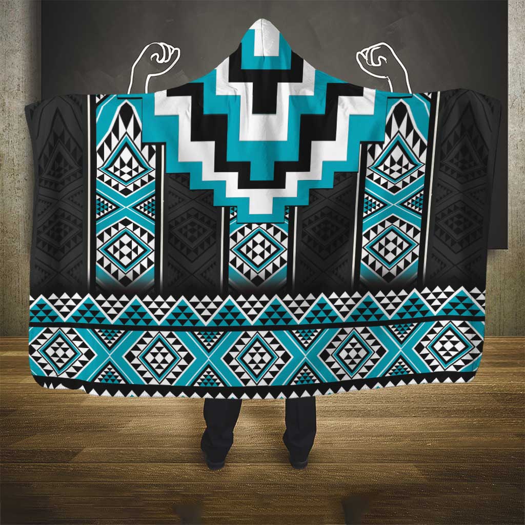 Turquoise Taniko Pattern Aotearoa Hooded Blanket Niho Taniwha Mix Poutama