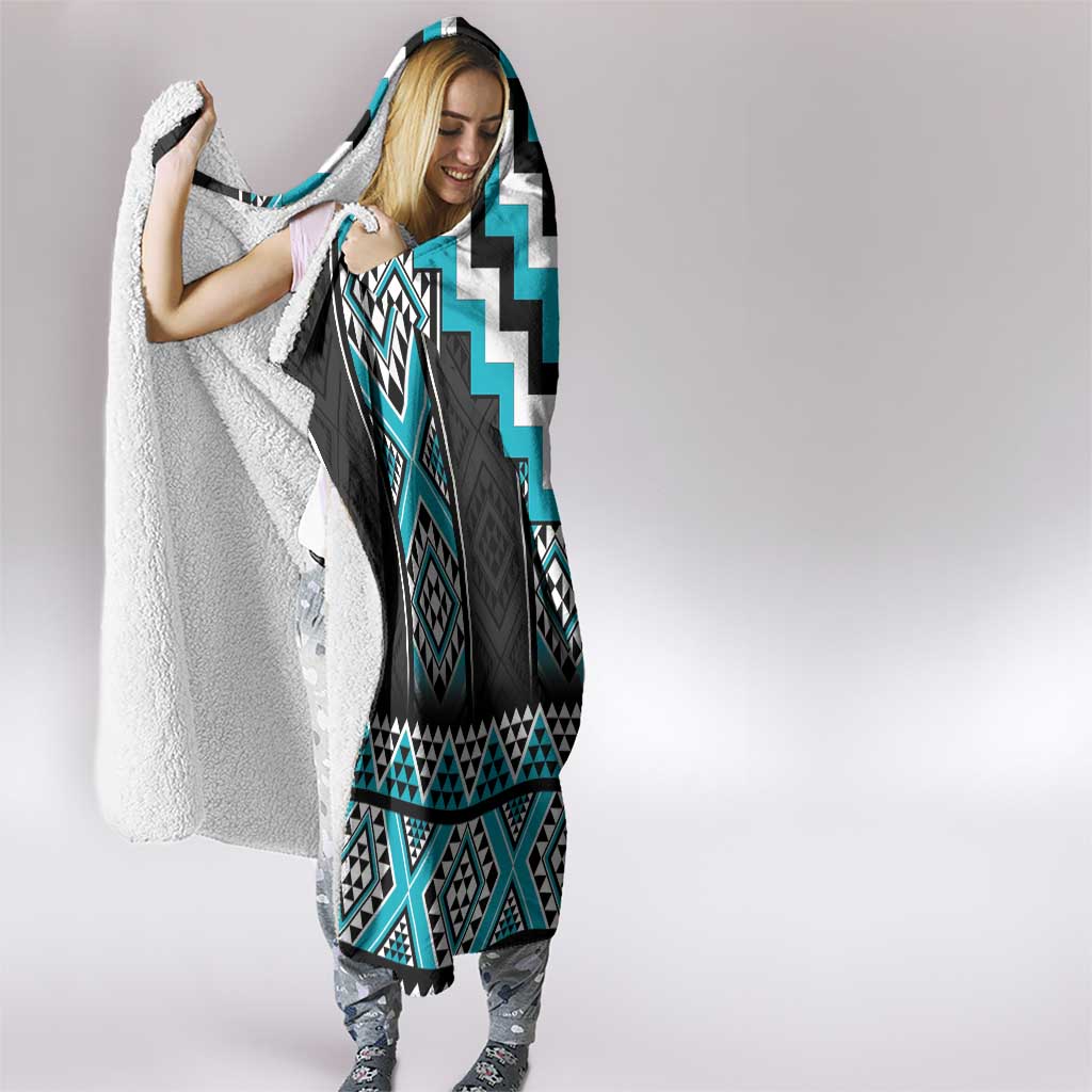 Turquoise Taniko Pattern Aotearoa Hooded Blanket Niho Taniwha Mix Poutama