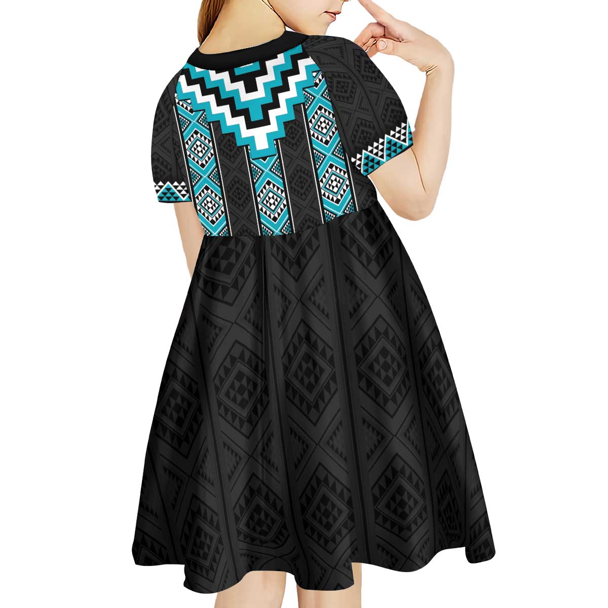 Turquoise Taniko Pattern Aotearoa Kid Short Sleeve Dress Niho Taniwha Mix Poutama LT14 - Polynesian Pride