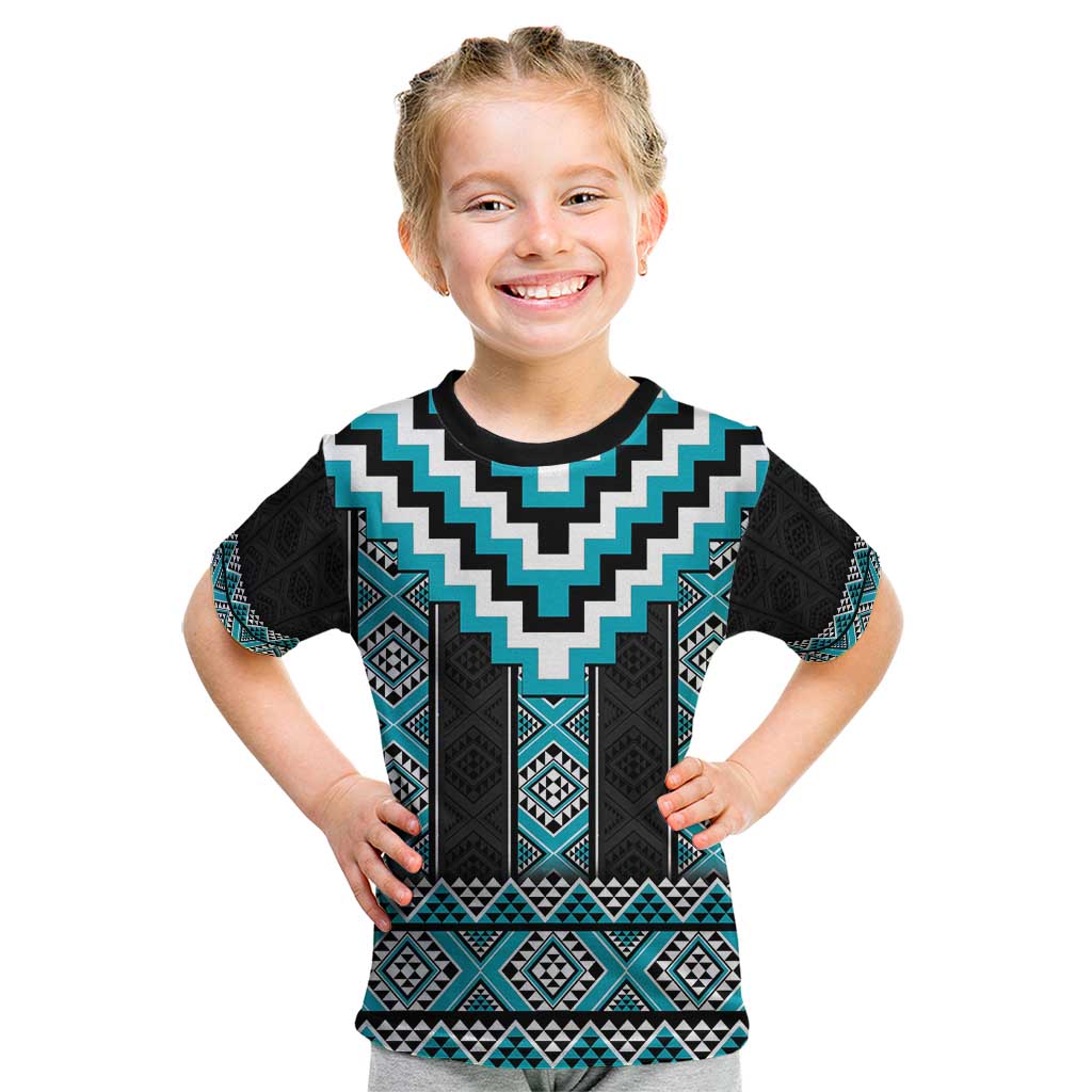 Turquoise Taniko Pattern Aotearoa Kid T Shirt Niho Taniwha Mix Poutama LT14 Turquoise - Polynesian Pride