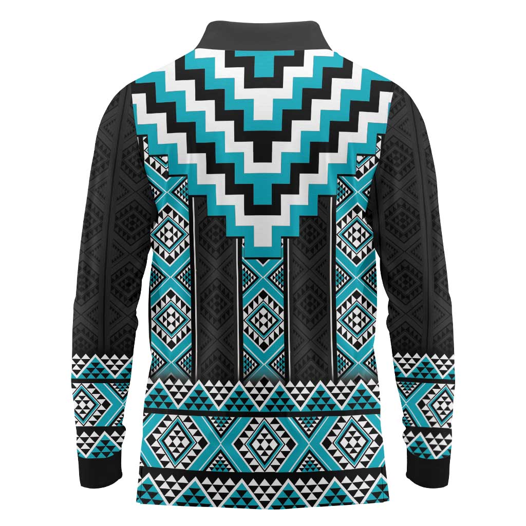 Turquoise Taniko Pattern Aotearoa Long Sleeve Polo Shirt Niho Taniwha Mix Poutama LT14