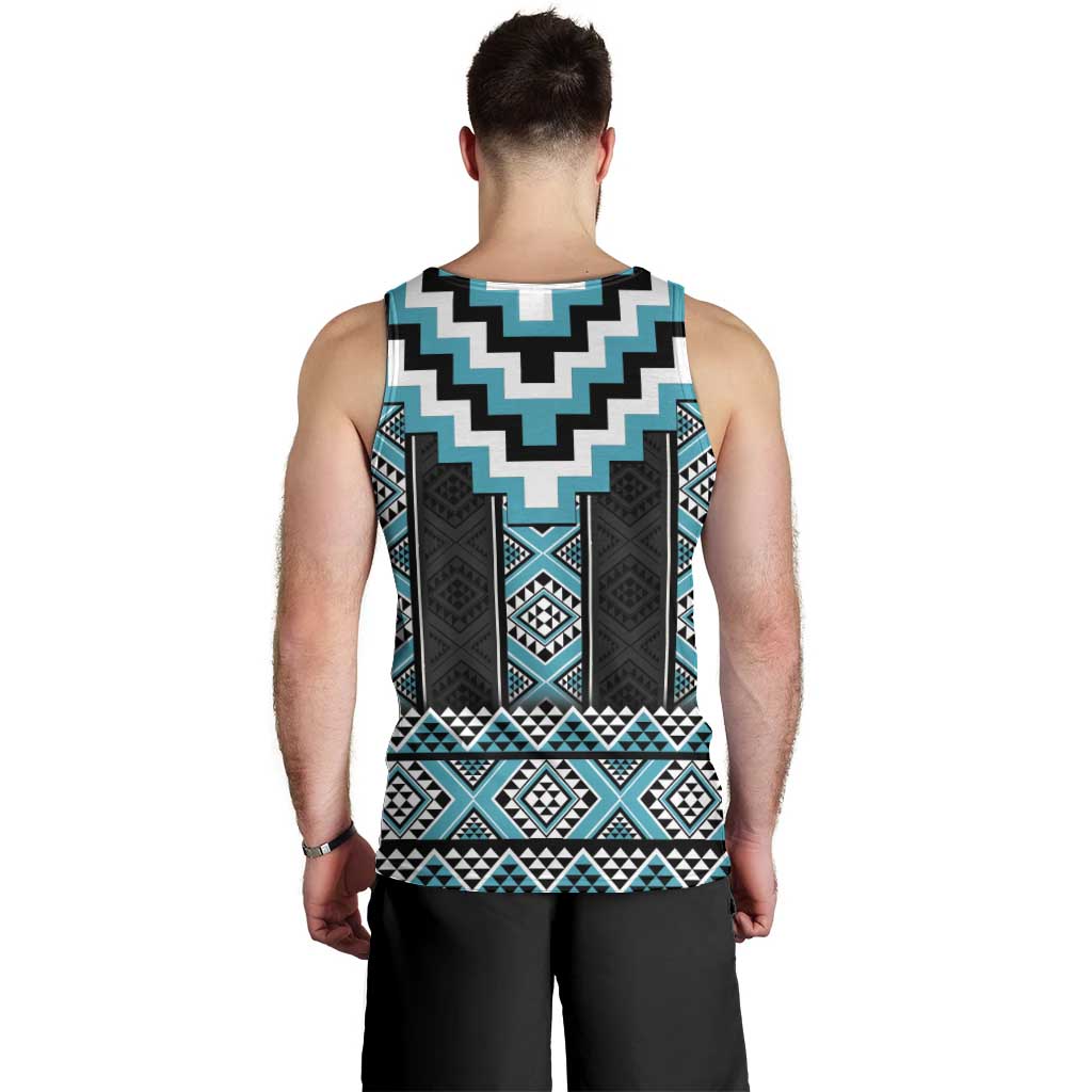 Turquoise Taniko Pattern Aotearoa Men Tank Top Niho Taniwha Mix Poutama LT14