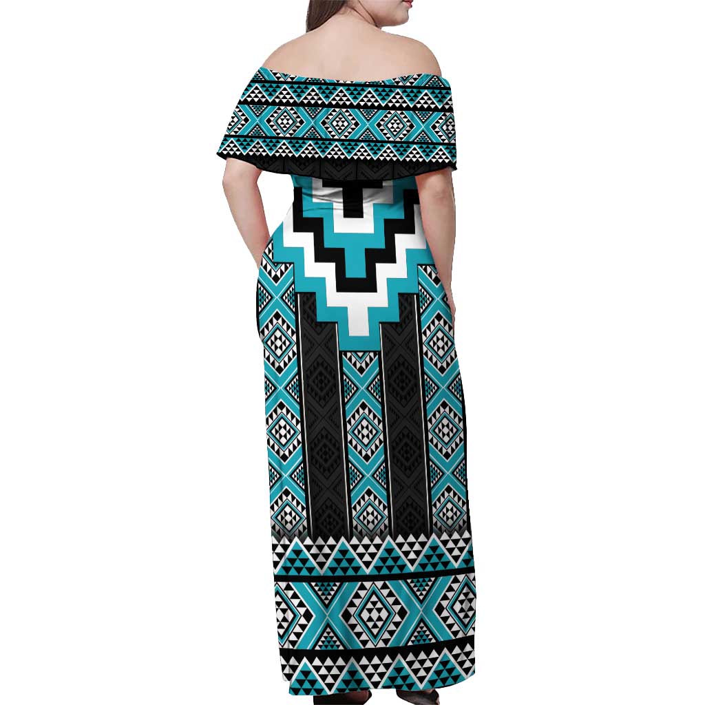 Turquoise Taniko Pattern Aotearoa Off Shoulder Maxi Dress Niho Taniwha Mix Poutama LT14 - Polynesian Pride