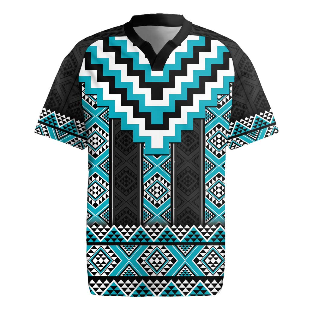 Turquoise Taniko Pattern Aotearoa Rugby Jersey Niho Taniwha Mix Poutama LT14