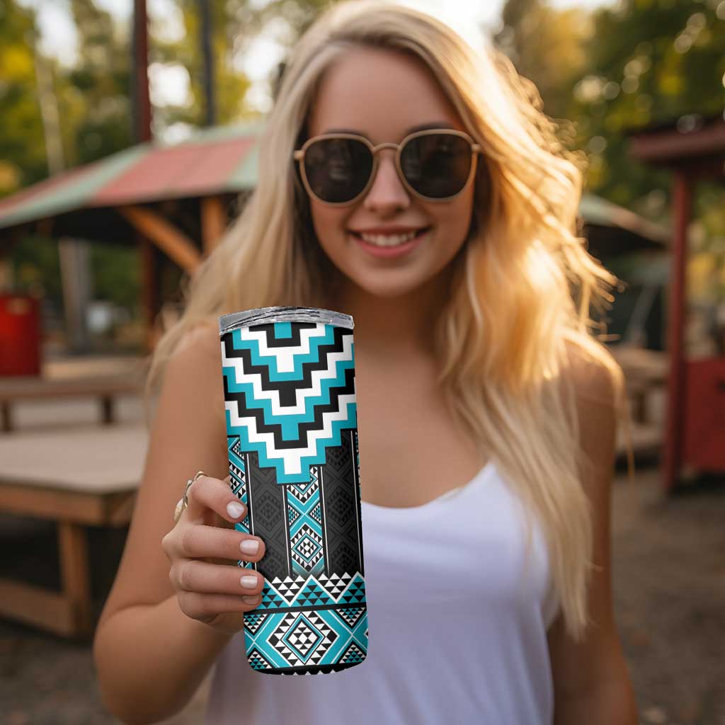 Turquoise Taniko Pattern Aotearoa Skinny Tumbler Niho Taniwha Mix Poutama LT14