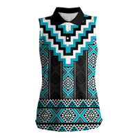 Turquoise Taniko Pattern Aotearoa Women Sleeveless Polo Shirt Niho Taniwha Mix Poutama LT14 Female Turquoise - Polynesian Pride