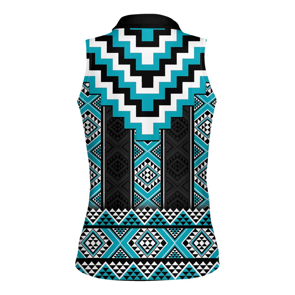 Turquoise Taniko Pattern Aotearoa Women Sleeveless Polo Shirt Niho Taniwha Mix Poutama LT14 - Polynesian Pride