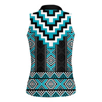 Turquoise Taniko Pattern Aotearoa Women Sleeveless Polo Shirt Niho Taniwha Mix Poutama LT14 - Polynesian Pride